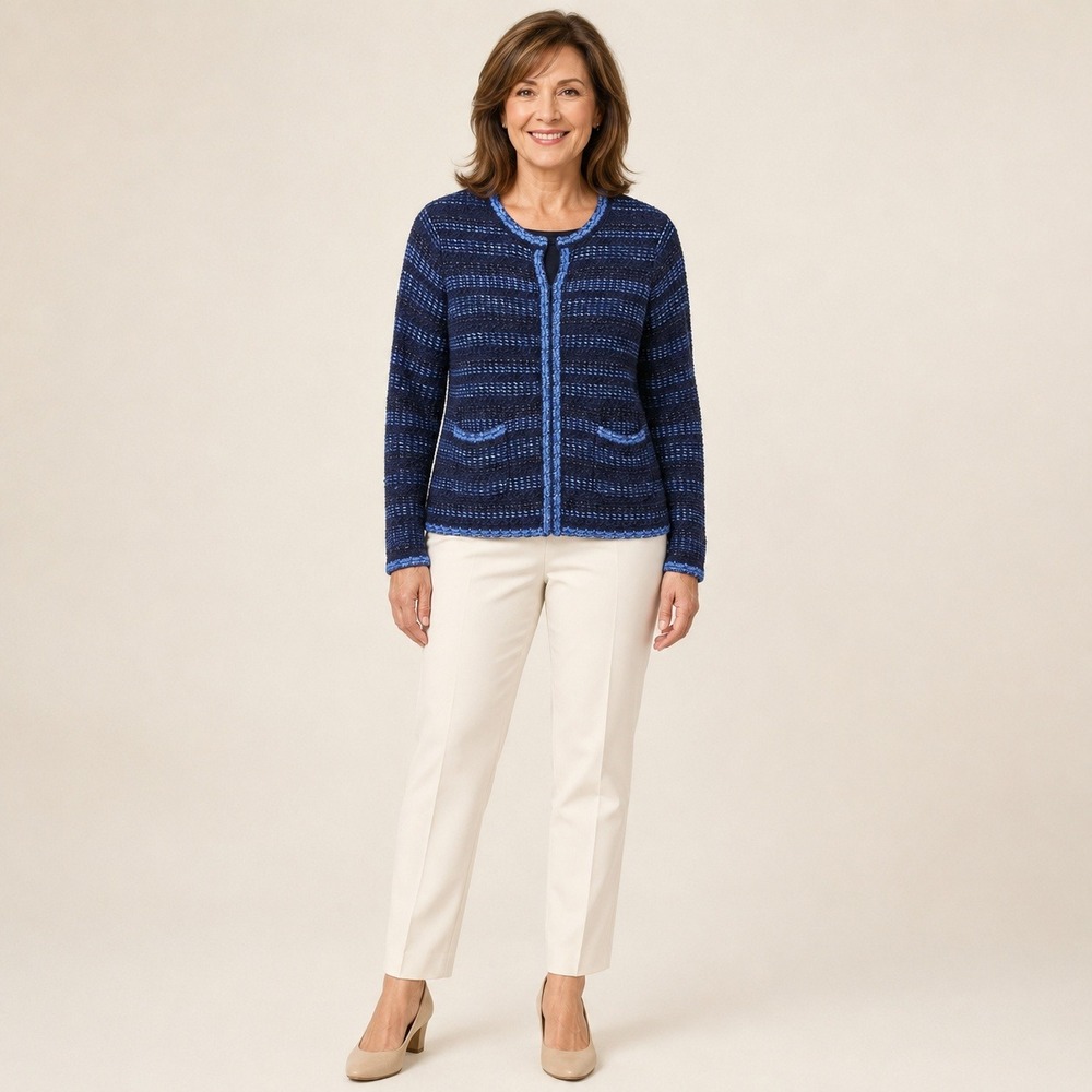 Chico's Sweater Jacket‎ Women's Size 1 Navy Blue Textured Knit Hook Eye M